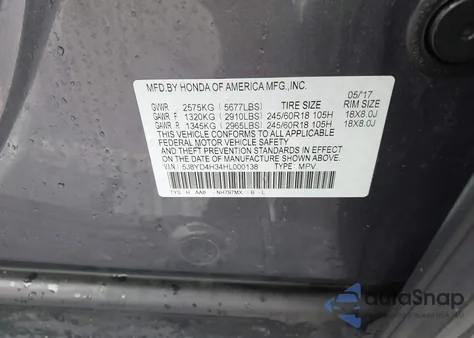 2017 Acura Mdx z USA, uszkodzony, nr VIN 5J8YD4H34HL000138